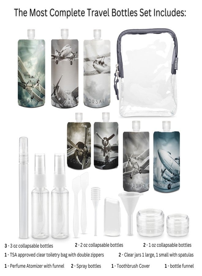 BORSALI Travel Pouches for Toiletries, Portable Flat Pack Squeeze Containers for Shampoo & 3-1-1 Liquids, Empty Travel Size Essentials for Women - 18 Piece Set with TSA Approved Bag - Gray - Image 3